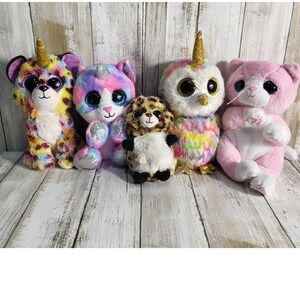 Beanie Boo Plush Unicorn Owl Leopard Kitty Cat Bundle, Stuffed Animals Set of 5